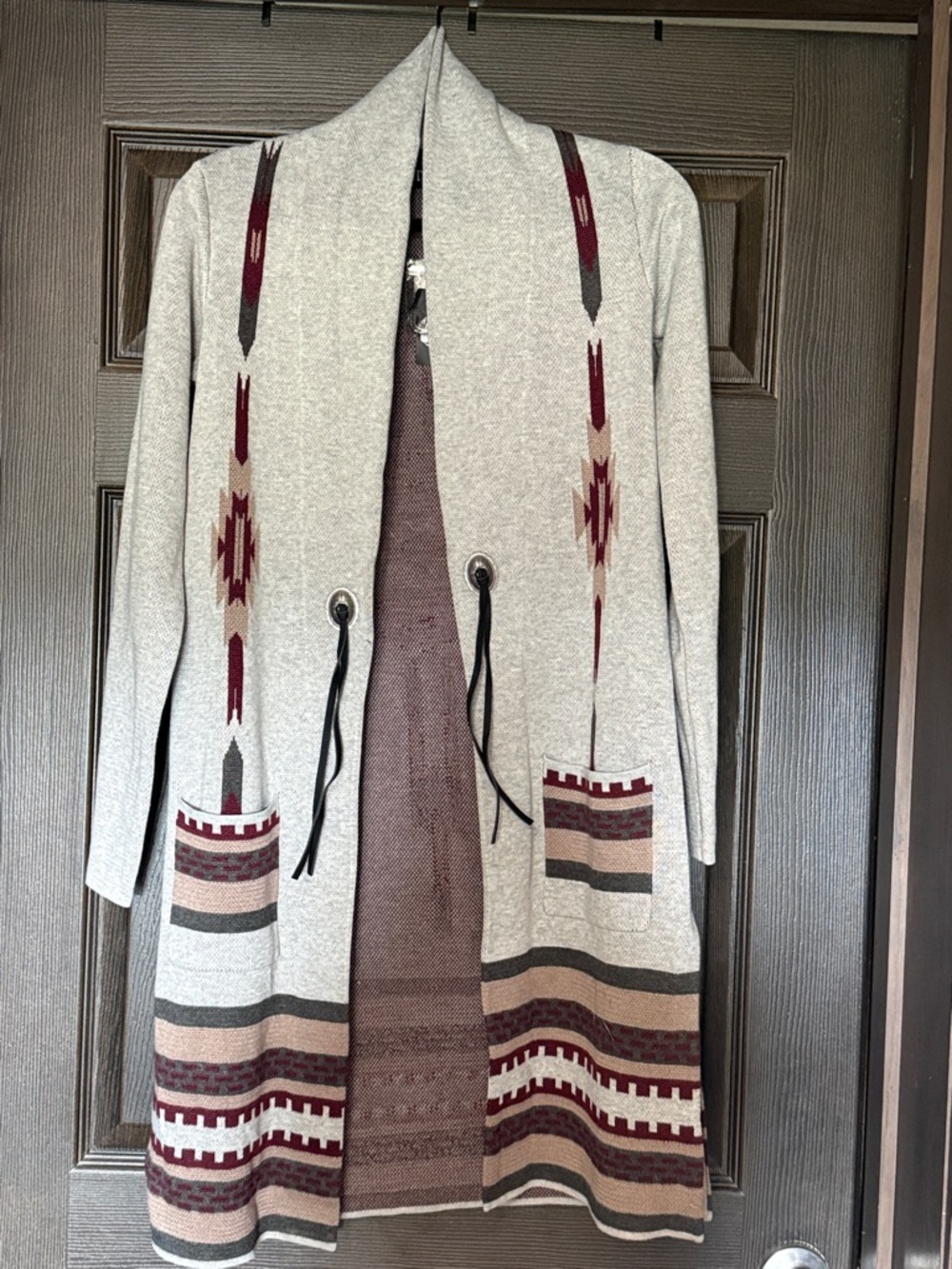 Women's Gray Open-Front Cardigan with Burgundy Aztec Trim